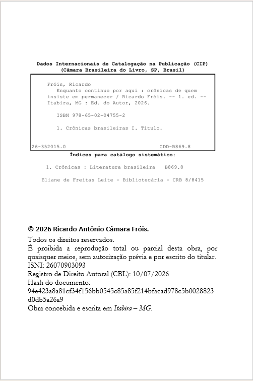 Ficha catalográfica e direitos autorais de Enquanto continuo por aqui